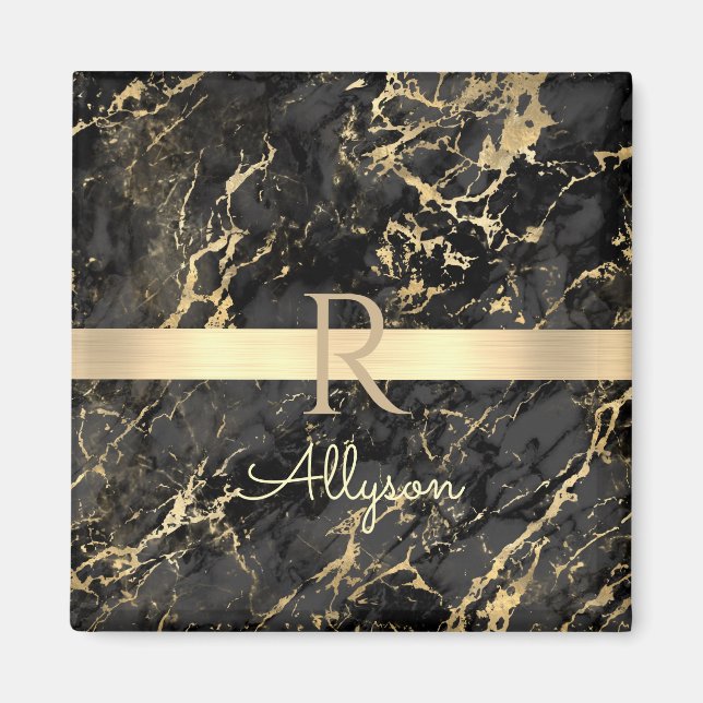 Black & Guld Marble, Guld Pub, DIY Namn & Monogram Magnet (Framsidan)
