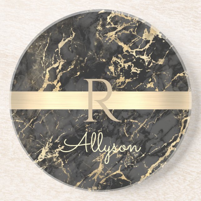 Black & Guld Marble, Guld Pub, DIY Namn & Monogram Underlägg (Framsidan)