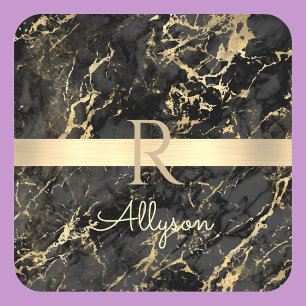 Black & Guld Marble, Guld Pub, DIY Namn & Monogram Underlägg Papper Kvadrat