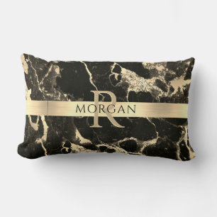 Black+Guld Marble, Guld Rand, Namn+Monogram, Vs2 Lumbarkudde