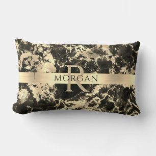 Black+Guld Marble, Guld Rand, Namn+Monogram, Vs3 Lumbarkudde