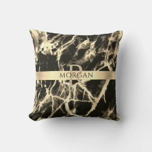 Black & Guld Marble, Guld Rand, Namn och Monogram Kudde