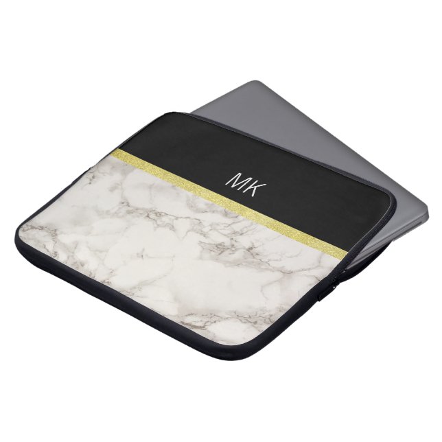 Black Guld Marble Monogram Laptop Fodral (Framsida topp)