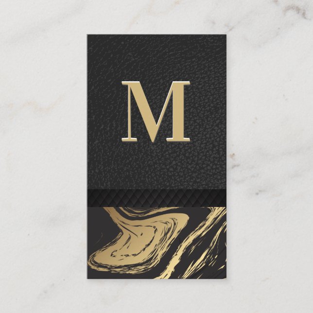 Black Guld Marble Monogram Leather Visitkort (Framsida)