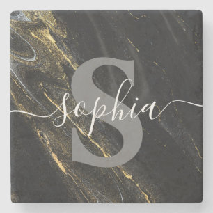 Black Guld Marble Monogram Script Initial Anpassni Stenunderlägg