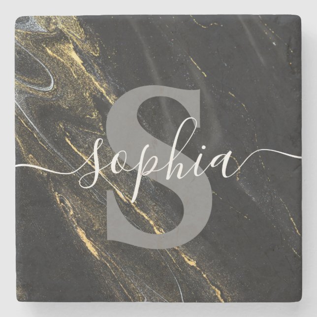 Black Guld Marble Monogram Script Initial Anpassni Stenunderlägg (Framsidan)
