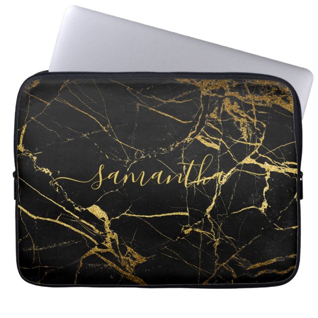 Black Guld Marble Script Laptop Fodral (Framsidan)