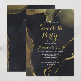 Black & Guld Marble söt 16 inbjudan