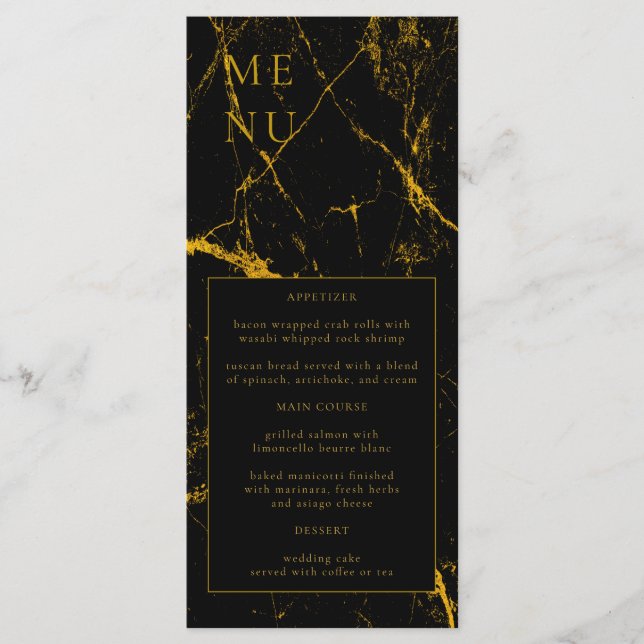 Black Guld Marble Struktur Bröllop Menu Meny (Framsida)