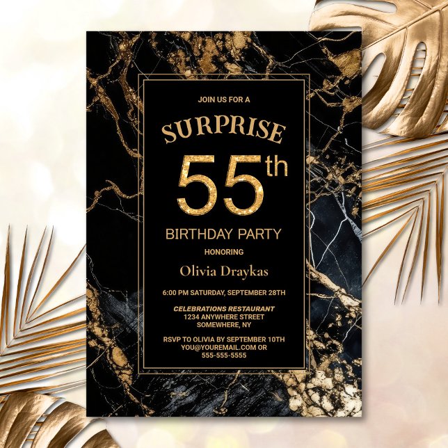Black Guld Marble Surprise 55:e Födelsedagsfesten Inbjudningar (Skapare uppladdad)