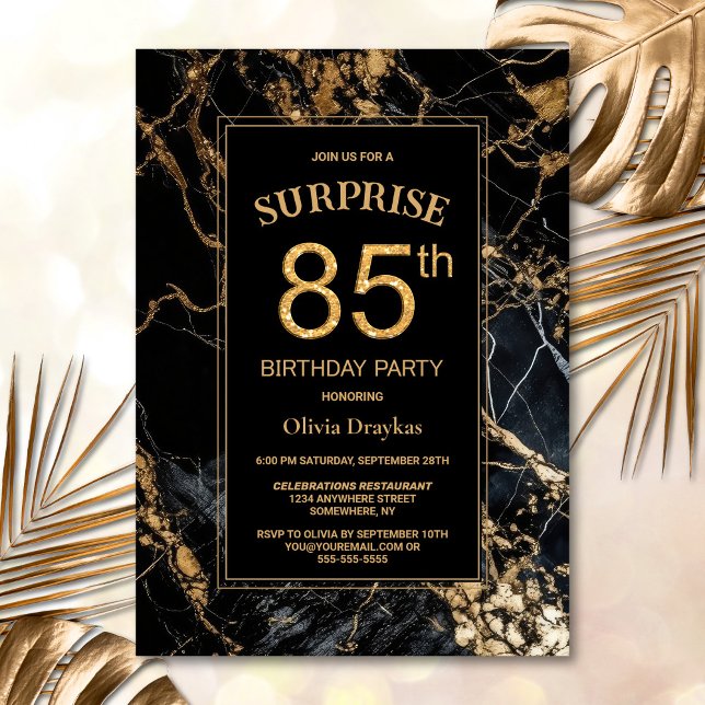 Black Guld Marble Surprise 85:e Födelsedagsfesten Inbjudningar (Skapare uppladdad)