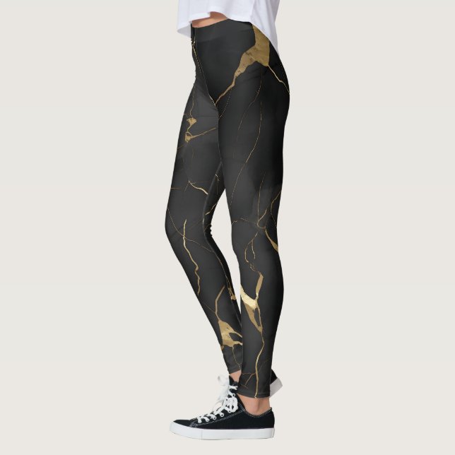 Black Guld Marble Swirl Mönster Leggings (Vänster)