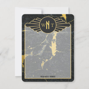 Black Guld Marble Three Brev Monogram Art Deco Anteckningskort