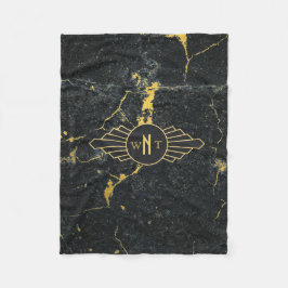 Black Guld Marble Three Brev Monogram Art Deco Fleecefilt