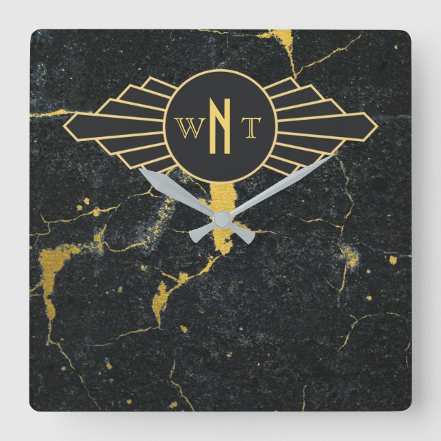 Black Guld Marble Three Brev Monogram Art Deco Fyrkantig Klocka (Framsida)