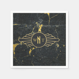 Black Guld Marble Three Brev Monogram Art Deco Pappersservett