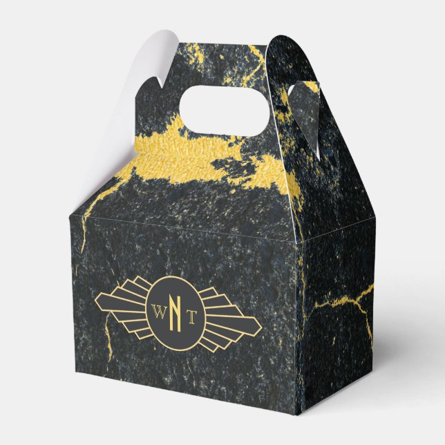 Black Guld Marble Three Brev Monogram Art Deco Presentaskar (Framsidan Sidan)