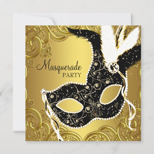 Black Guld Mask MasqueraBoll Party Inbjudningar (Framsida)