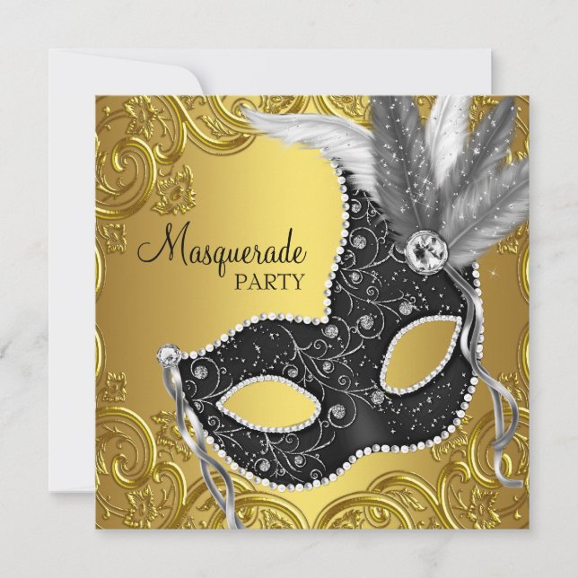 Black Guld Mask MasqueraParty Inbjudningar (Framsida)