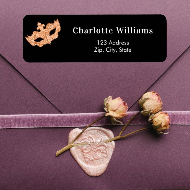 Black guld maskquerad party returadress etikett (Skapare uppladdad)