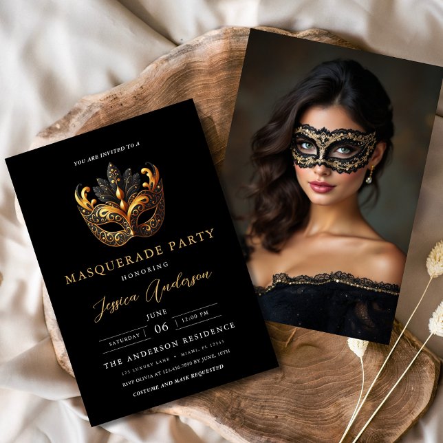 Black Guld Masquerad Party Birthday Photo Inbjudningar (Skapare uppladdad)