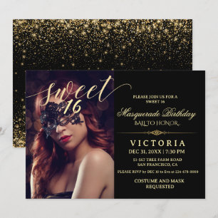 Black & guld Masquerad Sweet 16 Birthday Photo Inbjudningar