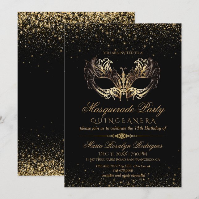 Black Guld Masqueraquinceanera Inbjudningar (Fram/baksida)
