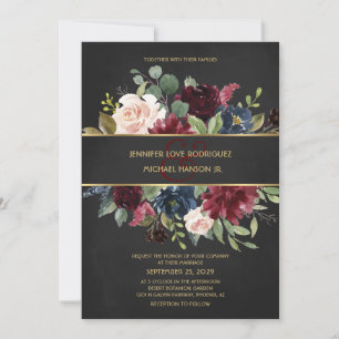 Black Guld Merlot Navy Blommigt Blooms Bröllop Inbjudningar