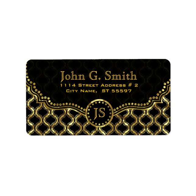 Black & Guld Metallic Quatrefoil Mönster Adressetikett (Framsidan)