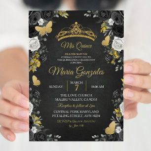 Black & Guld Mexican Charra Mis XV Anos Birthday Inbjudningar