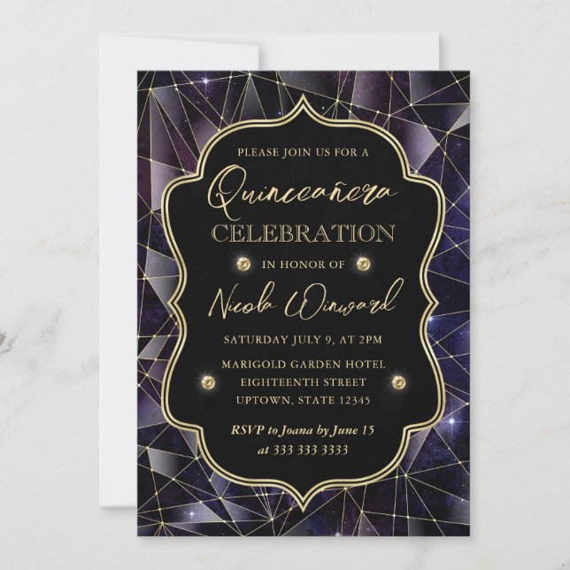 Black & Guld Midnight Crystal Galaxy Quinceanera Inbjudningar (Framsida)