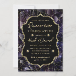 Black & Guld Midnight Crystal Galaxy Quinceanera Inbjudningar