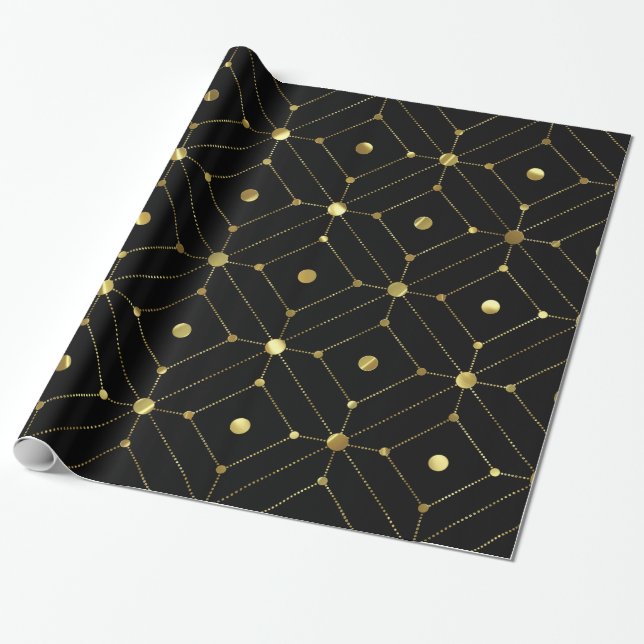 Black & guld, modern geometrisk mönster presentpapper (Utrullad)