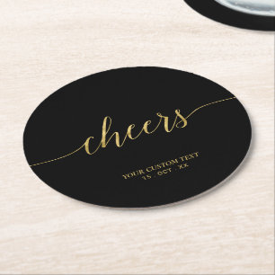 Black & Guld Modern Lettering Cheers Party Underlägg Papper Rund