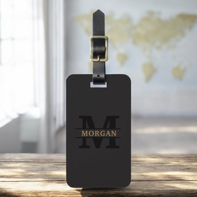 Black Guld Modern Monogram Minimalist Bagagebricka (Skapare uppladdad)