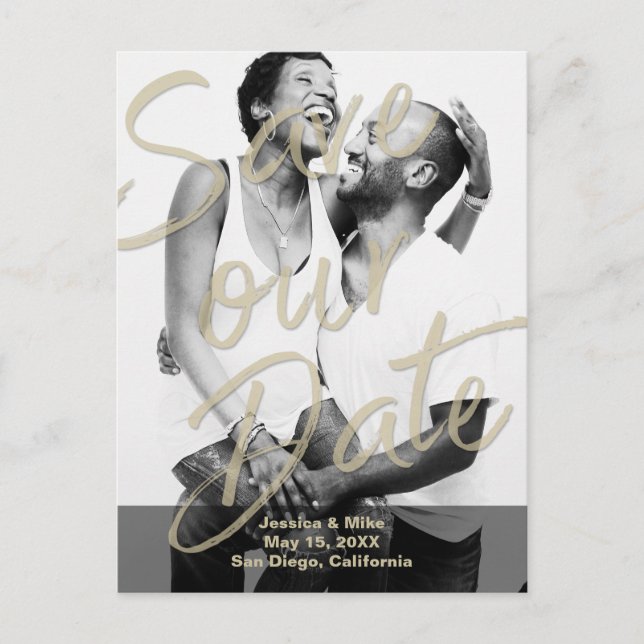 Black Guld Modern Photo Script Spara vårt datum Meddelande Vykort (Framsida)