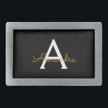 Black Guld Modern Script Girly Monogram Namn<br><div class="desc">Svart och Guld Enkelt skript Monogram Namn Bälte Buckle. Detta gör perfekt studenten,  söt 16 16,  18,  21,  30,  40,  50,  60,  70,  80,  90:e,  100-årsdag,  bröllop,  möhippa,  årsdag,  babydusch eller bachelorette-gåva till någon som glam lyx och chic stilar.</div>