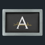 Black Guld Modern Script Girly Monogram Namn<br><div class="desc">Svart och Guld Enkelt skript Monogram Namn Bälte Buckle. Detta gör perfekt studenten,  söt 16 16,  18,  21,  30,  40,  50,  60,  70,  80,  90:e,  100-årsdag,  bröllop,  möhippa,  årsdag,  babydusch eller bachelorette-gåva till någon som glam lyx och chic stilar.</div>