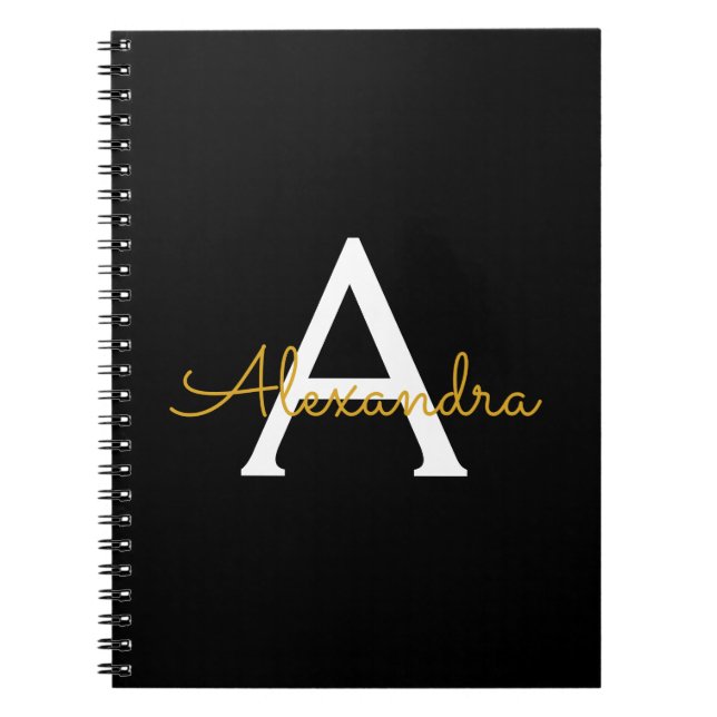 Black Guld Modern Script Girly Monogram Namn Anteckningsbok (Framsidan)