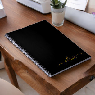 Black Guld Modern Script Girly Monogram Namn Anteckningsbok