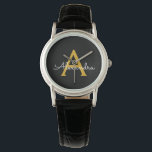 Black Guld Modern Script Girly Monogram Namn Armbandsur<br><div class="desc">Svart och Guld Enkel skript Monogram Namn Watch. Det gör perfekt studenten,  födelsedag,  bröllop,  möhippa,  årsdag,  babydusch eller bachelorette-fest till någon som glam lyx och chic stilar.</div>