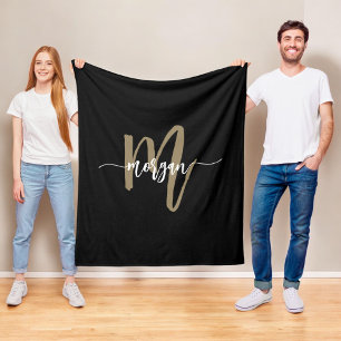 Black Guld Modern Script Girly Monogram Namn Fleecefilt