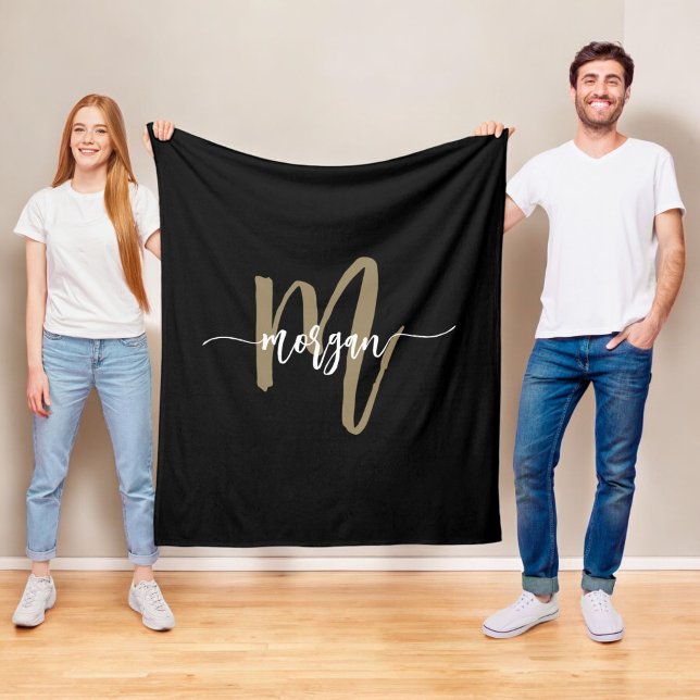 Black Guld Modern Script Girly Monogram Namn Fleecefilt (Skapare uppladdad)