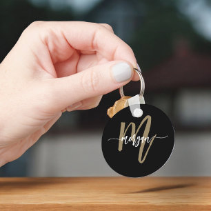 Black Guld Modern Script Girly Monogram Namn Nyckelring