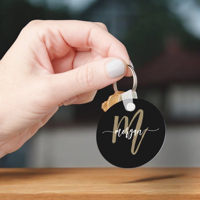 Black Guld Modern Script Girly Monogram Namn Nyckelring (Skapare uppladdad)