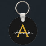 Black Guld Modern Script Girly Monogram Namn Nyckelring<br><div class="desc">Svart och Guld Enkel Namn nyckelringar i Monogram (Nyckelring). Det gör perfekten söt 16-årsjubileum,  bröllop,  möhippa,  årsdag,  babydusch eller bachelorette-fest för någon som glam lyxen och chic stilar i kärlek.</div>