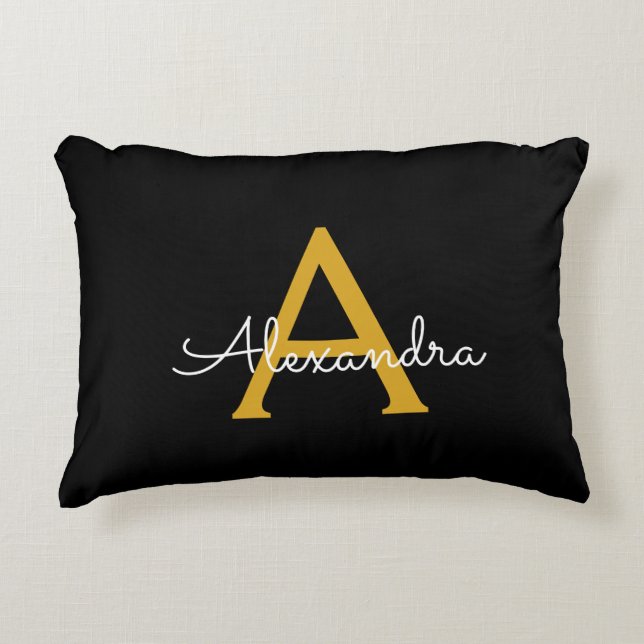 Black Guld Modern Script Girly Monogram Namn Prydnadskudde (Framsidan)