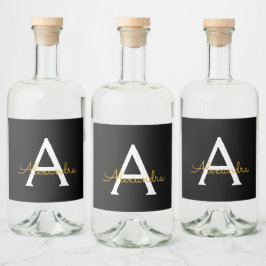 Black Guld Modern Script Girly Monogram Namn Spritflaskor Etikett