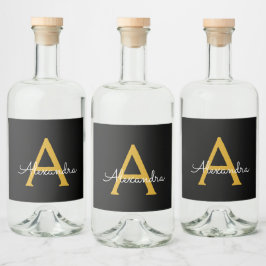 Black Guld Modern Script Girly Monogram Namn Spritflaskor Etikett