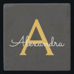 Black Guld Modern Script Girly Monogram Namn Stenunderlägg<br><div class="desc">Enkel Namn-stenplattan i svart och Guld med Monogram. Det gör perfekt studenten,  söt 16-årsdag,  bröllop,  möhippa,  årsdag,  babydusch eller bachelorette-fest till någon som kärlek glam lyx och chic stilar.</div>